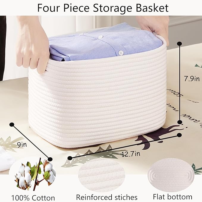 Storage Baskets for Shelves White Rope Basket for Organizing 4 Pack Rectangle Toy Bins for Nursery 12.7"Lx9"Wx7.9"H