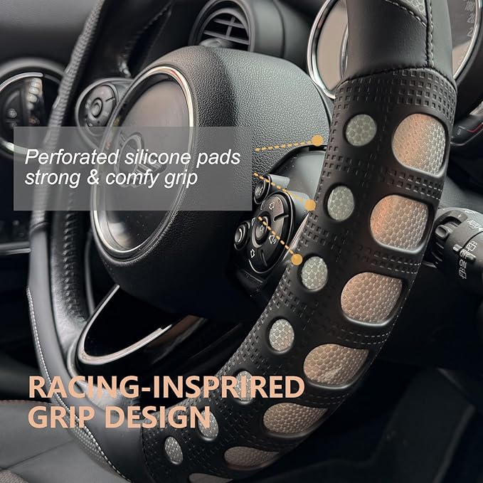 PINCTROT Large Size Race Grip Steering Wheel Cover, Anti Slip Silicone Perforated Design with Soft Touch Padding, Enhanced Grip for Sporty Driving 15.5-15.75 Inch (Racing Silver)