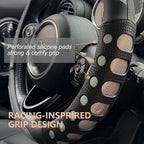 PINCTROT Race Grip Steering Wheel Cover, Anti Slip Silicone Perforated Design with Soft Touch Padding, Enhanced Grip for Sporty Driving, Universal 14.5-15 Inch (Racing Silver)