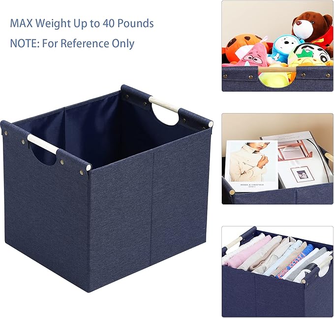 HOONEX Large Foldable Storage Bins, Linen Fabric, Pack of 2, Storage Baskets with Wooden Carry Handles and Sturdy Heavy Cardb
