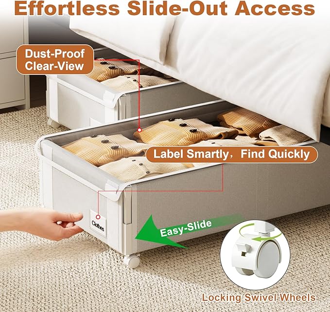 2Pack Under Bed Storage with Wheels,6.7"-9" Adjustable Height Underbed Storage,Under Bed Storage Containers,Rolling Under Bed