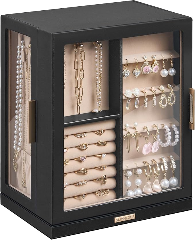 Glimmloop 360° Rotating Jewelry Box with 5 Drawers, Spacious Vertical Jewelry Organizer with Glass Window, Jewelry Storage Ca