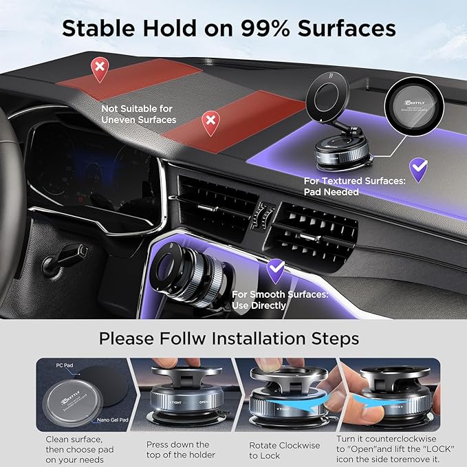 Vacuum Magnetic Phone Holders for Your Car 2026 Suction Cup Phone Mount with Washable Nano Gel Pads 360° Adjustable Phone Mount,Travel Gifts, Car Phone Holder for Smartphone Car/Gym/Mirror