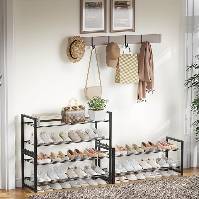 Stackable Shoe Rack, 4 Tier Metal Shoes Rack Storage Organizer,Large Capacity Shoe Shelf Holds 24 Pairs of Shoes,Sturdy and S