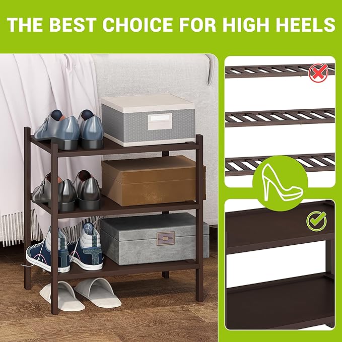 BMOSU 3-Tier Bamboo Small Shoe Rack Premium Stackable Shoe Shelf Storage Organizer for Hallway Closet Living Room Entryway Or