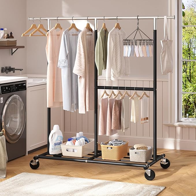 Raybee Clothes Rack Heavy Duty 450LBS, Clothing Racks for Hanging Clothes 200+, Metal Clothing Rack with Wheels, Rolling Comm