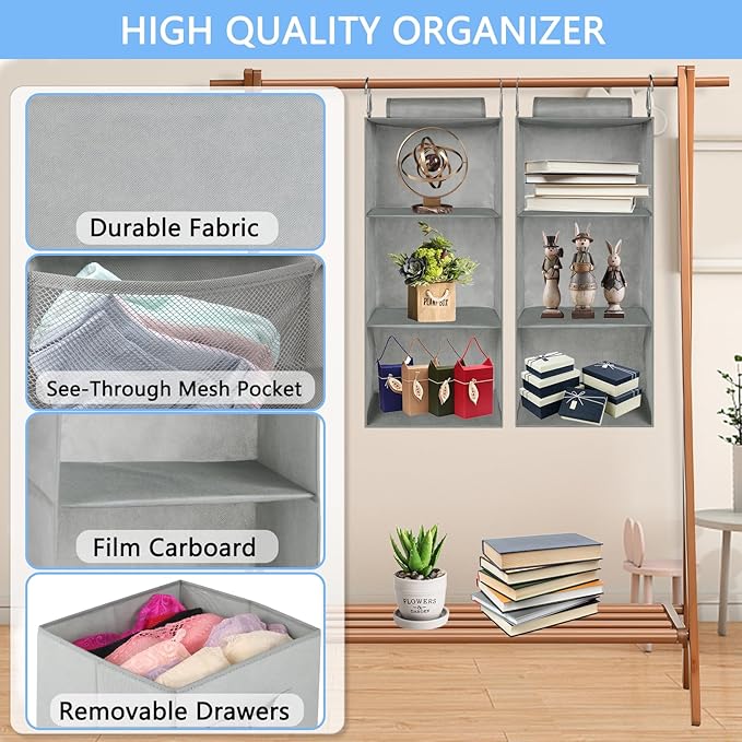 punemi 3-Shelf Hanging Closet Organizer, 2 Pack Closet Hanging Organizer with Drawers, Foldable Hanging Closet Shelves for Rv