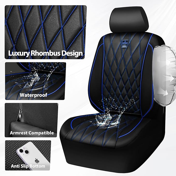 CAR PASS Piping Luxury PU Leather Two Front Car Seat Covers,Waterproof Anti- Slip Seat Covers Compatible with Front Seat Armr