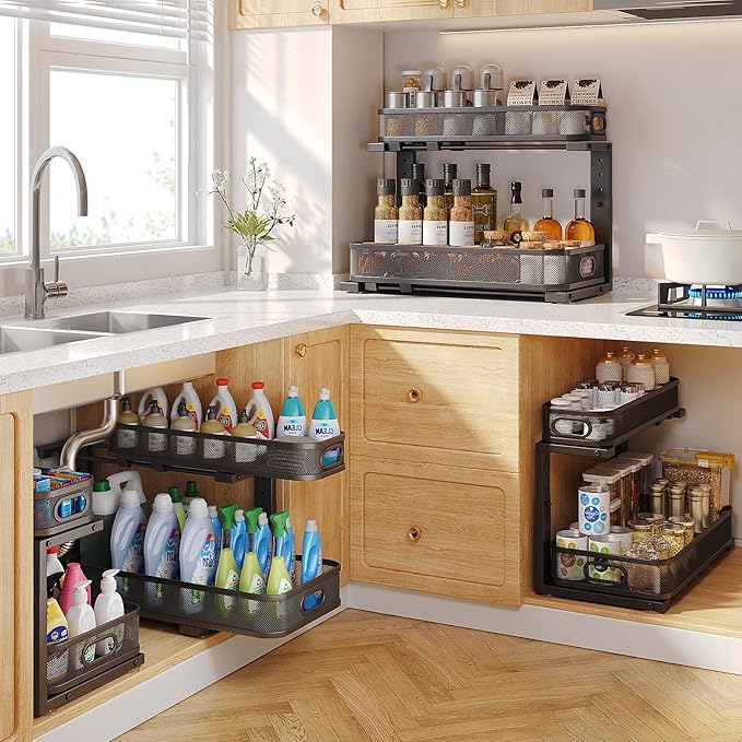 2 Pack 19.3IN-Depth Under Sink Organizer with Smooth Cylindrical Rail,2-Tier Pull Out Multi-Purpose Cabinet Storage for Bathr