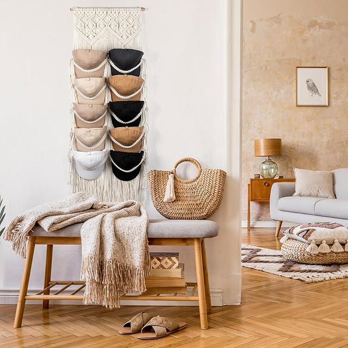 Macrame Hat Hangers for Wall Handmade Boho Baseball Cap Hanger Hand Knitting Cap Organizer Hat Holder for Wall Over Door Ball