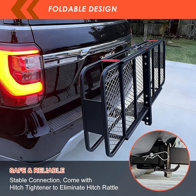Hitch Mount Cargo Carrier Basket 60"*25"*6"+Waterproof Bag 25 Cubic Feet(60"*24"*31"),and Cargo Net with Attachment Hooks,Ratchet Straps,Hitch Stabilizer.500 Lbs Capacity,foldable,fit 2" Receiver
