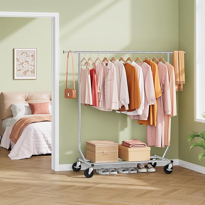 Tajsoon Clothing Rack Heavy Duty Clothes Racks Foldable Garment Rack with Wheels and Extendable Rod, Collapsible Clothing Rac