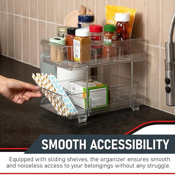 Masirs 2-Tier Clear Pull-Out Drawer Organizer - Sleek, Compact & Sturdy Makeup and Closet Organizer - Easy Assembly Kitchen S