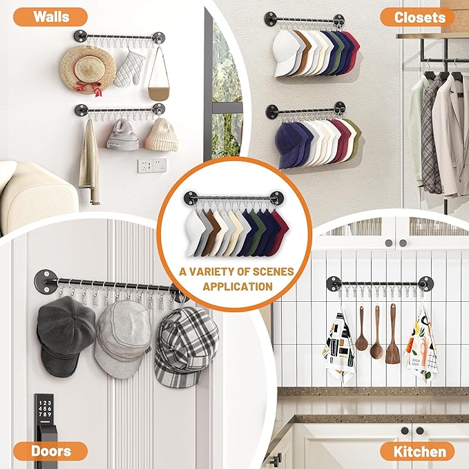 2 Pack Metal Hat Organizer for Baseball Caps with 12 Large Clips, Wall-mounted Hat Rack Holds up to 24 Hats, Hats Hanger Hold