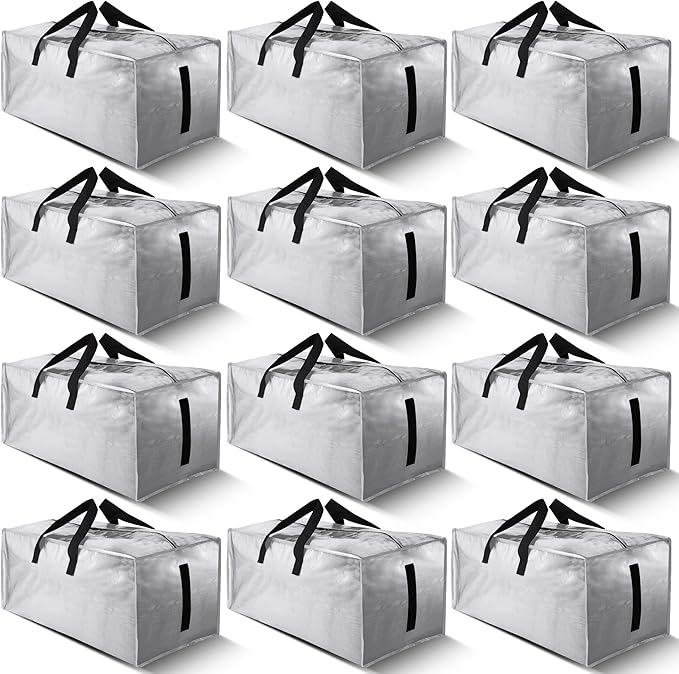 Homesure 12 Pack Large Strong Moving Bags with Zippers & Carrying Handles - Water-Resistant - Heavy Duty Storage Tote for Spa