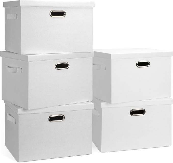 Graciadeco Large 17" 36 Quart Collapsible Stackable Storage Bins with Lids, 5 Packs White Linen Fabric Closet Boxes with Lids