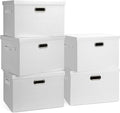 Graciadeco Large 17" 36 Quart Collapsible Stackable Storage Bins with Lids, 5 Packs White Linen Fabric Closet Boxes with Lids