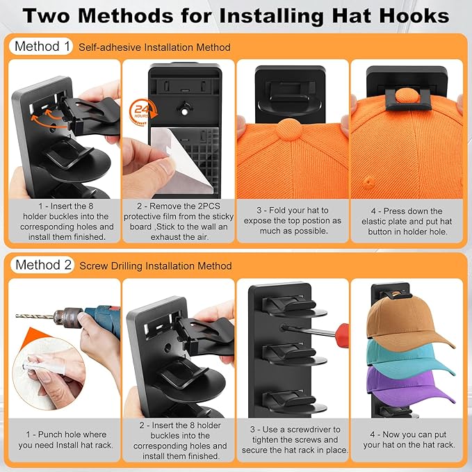 4 Pack Hat Organizer for Baseball Caps, Hat Rack for Wall, Strong Adhesive & Screw-in Cap Holder hat hangers for Closet Door 