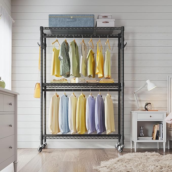 VIPEK R2 Plus Heavy Duty Rolling Garment Rack 3 Tiers Adjustable Wire Shelving Clothes Rack with Double Rods and Side Hooks, 