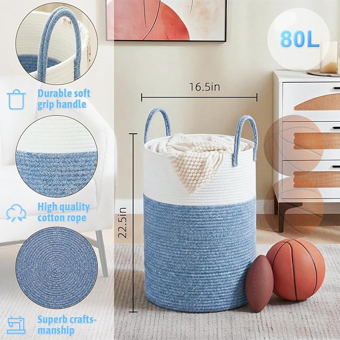 Laundry Basket,Woven Cotton Rope Laundry Hamper,80L for Decor Storage of Dirty Clothes,Toys and Blankets in Bathroom,Baby Roo