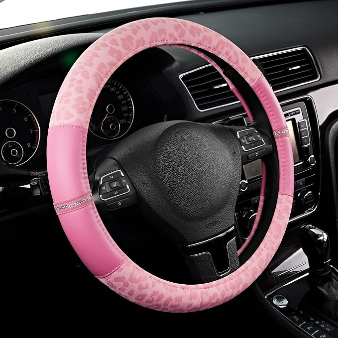 Road Comforts Leopard Steering Wheel Cover for Women, Cute Anti-Slip Microfiber Leather, Universal Fit 14.5-15 Inch Round Ste