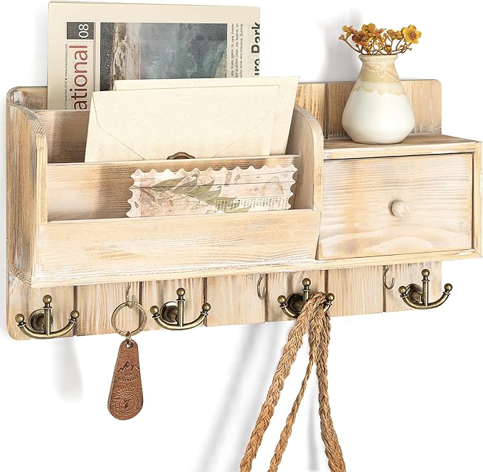 Rebee Vision Pine Wood Key Holder Wall Mount with Mail Sorter - Decorative Entryway Mail Organizer Wall Mounted with Key Hook