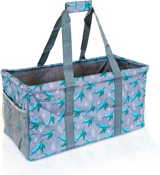 Extra Large Utility Tote Bag - Oversized Collapsible Reusable Wire Frame Rectangular Canvas Basket With Two Exterior Pockets For Beach, Pool, Laundry, Car Trunk, Storage - Turtle