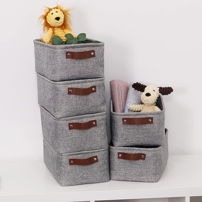 HNZIGE Foldable Fabric Storage Baskets (6pack), Empty Gift Baskets with Leather Handles, Decorative Organizers for Closet (Gr