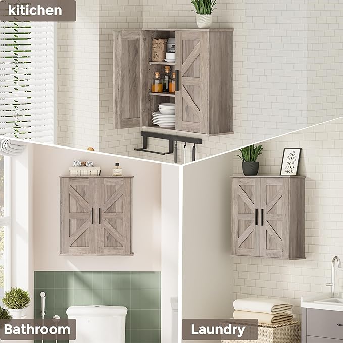 Homleke Bathroom Wall Cabinet, Over Toilet Storage Cabinet with Barn Doors and Adjustable Shelves, 3-Tier Medicine Cabinet Wa