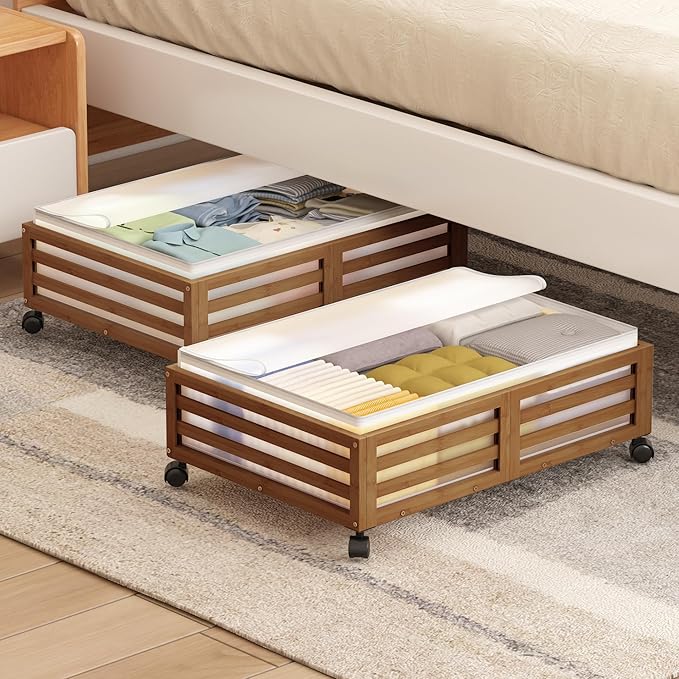 Under Bed Storage with Wheels-Large Bamboo Underbed storage Containers with Large Dust Bag Stackable Under the Bed Shoe Stora