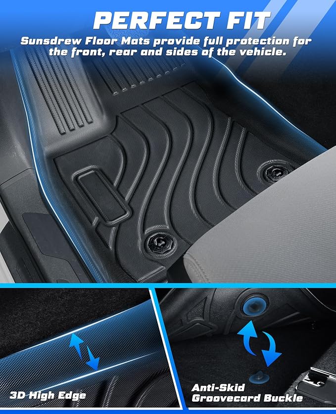 Sunsdrew Floor Mats for 2022-2025 2026 Toyota Tundra CrewMax Cab, All Weather Floor Liners for Tundra Accessories, 3PCS Front Rear 2 Rows Car Mats TPE Rubber Raised Edge