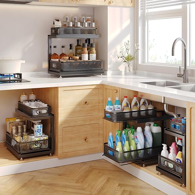 2-Pack Under Sink Storage Organizer with 2-Tier Slide Out Drawer, Sophisticated Mesh Pull Out Shelf for Kitchen & Bathroom, F