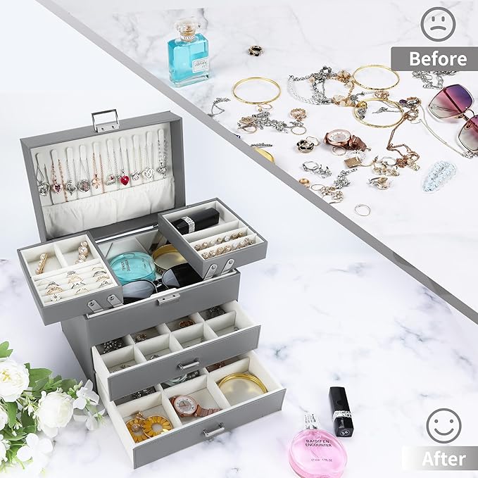 Dajasan Jewelry Organizer Box, Large Jewelry Boxes for Women Girls, Space-Saving 4 Layers Jewelry Storage Case with Drawer, M