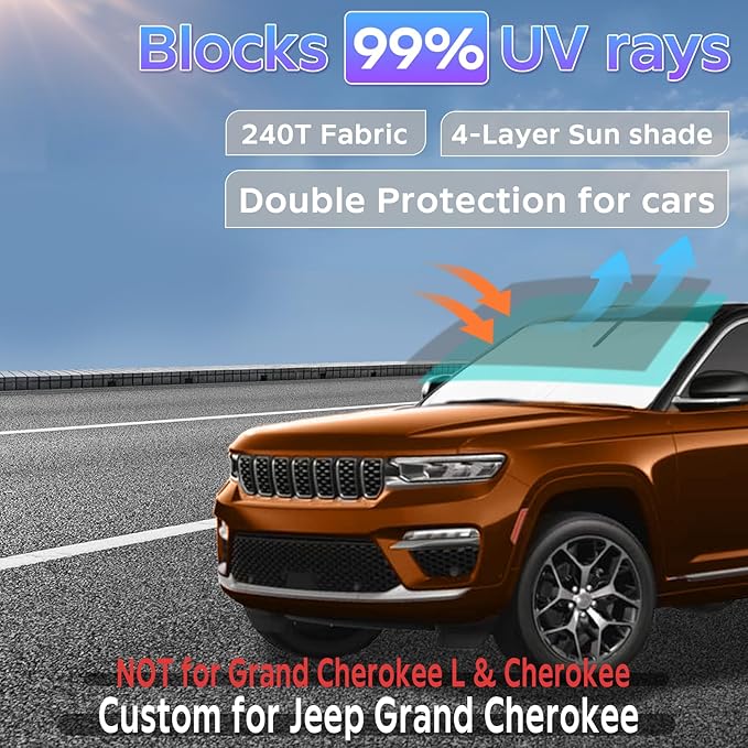 Sun Shade Sunshade for Jeep Grand Cherokee 2022-2025 2026 Windshield Cover, 4-Layers Sun Shield 250T Silver Sun Visor Foldable Window Shade Blocks UV Rays Cooler Car Accessories