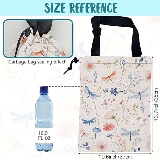 Car Garbage Bag Watercolor Flowers and Dragonflies Hanging Canvas Car Trash Bag Drawstring Car Back Seat Organizer for Car Back Front Seat Console with Adjustable Buckle