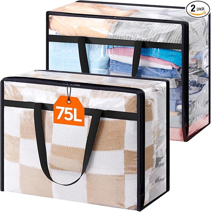 Lifewit 2 Pack Clear Clothes Storage Bags, 75L Plastic Blanket Storage Bag, Vinyl Foldable Moving Bags with Zipper, Closet Or