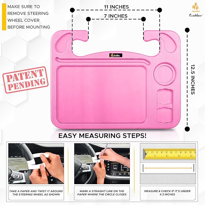 EcoNour 4 in 1 Car Steering Wheel Tray - 2024 Upgraded Pink Tray with Dual Sauce Dip Holder and Tablet Holder | Spacious Steering Wheel Desk for Food and Laptop | Car Accessories (Large)