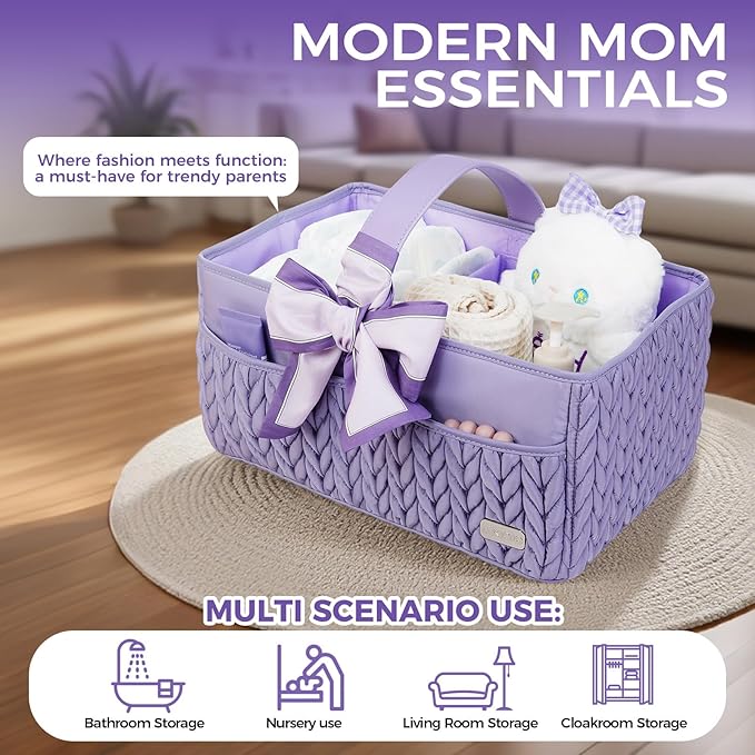 Luxurious Baby Diaper Caddy, Nursery Storage Basket for Newborn Boy and Girl, Travel Baby Basket for Diapers Baby Wipes, Orga