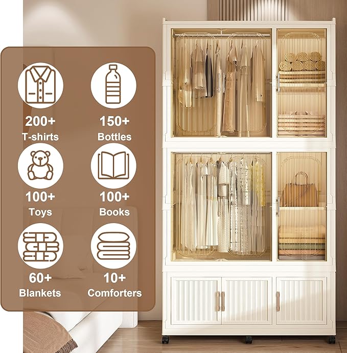 Portable Closet Wardrobe with Magnetic Doors, Foldable Armoire Wardrobe Closet with 2 Hanging Rods, 9 Cubes and 6 Hangers, Be