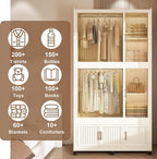 Portable Closet Wardrobe with Magnetic Doors, Foldable Armoire Wardrobe Closet with 2 Hanging Rods, 9 Cubes and 6 Hangers, Be