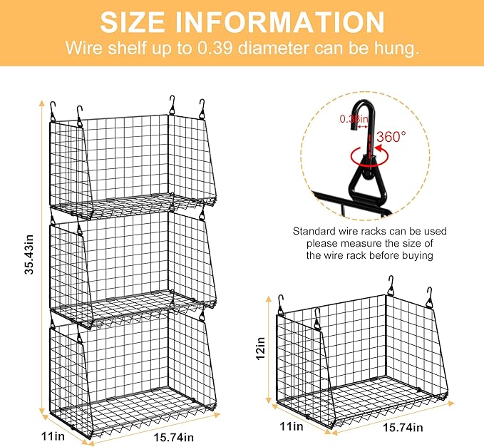 Sonyabecca 3-Pack Hanging Laundry Baskets, Foldable Metal Wire Shelves with 360° Rotating Hooks, Space-Saving Over Washer/Dry