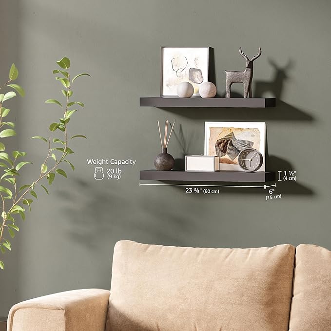 Ballucci Floating Shelves, 24" Wood Wall Shelf Set of 2, with Invisible Brackets for Bathroom, Living Room, Bedroom, Kitchen,