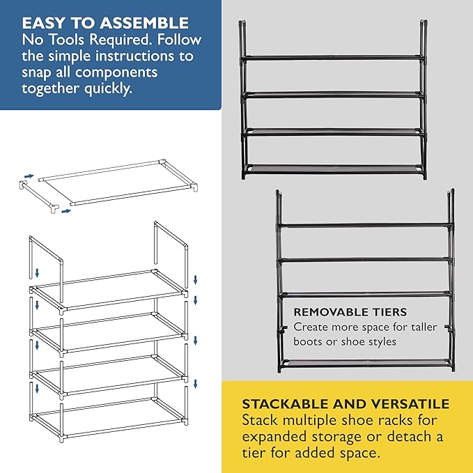 Sundaze Shoe Rack - 4 Tier Shoe Rack for Front Door Entrance, Sturdy Long Shoe Organizer for Closet, Bedroom, Entryway, Garag