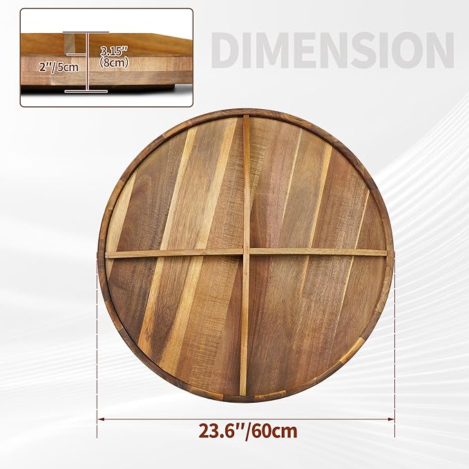 Utoplike Extra Large Acacia Wood Serving Tray, 23.6'' Round Charcuterie board, Cheese board with Rotating Base Raised Edge an