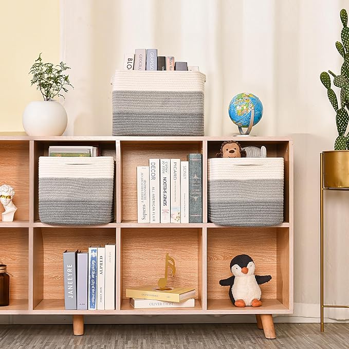 ICERZCZ Storage Baskets for Organizing Shelves, Woven Cotton Rope Baskets for Storage Books Towels Toys, Organizing Baskets, 