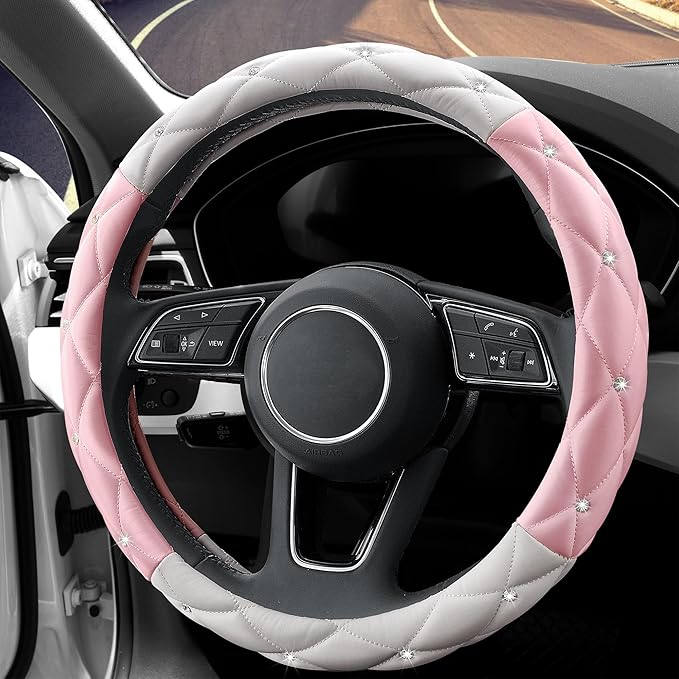YOGURTCK Cute Diamond Soft Leather Steering Wheel Cover with Bling Bling Crystal Rhinestones, Universal 15 Inch for Women Gir