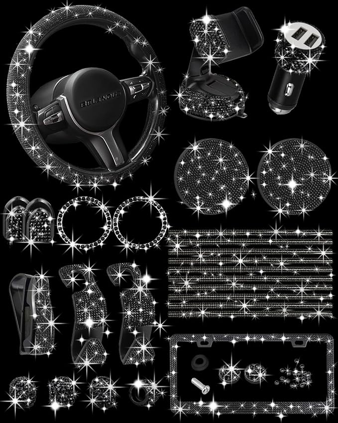 Belinous 27 PCs Bling Car Accessories for Women, Girl Car Accessories for Interior, Bling Steering Wheel Cover 14.5-15in, Bling License Plate Frame, Bling Phone Holder, Cup Coasters (Black Diamond)