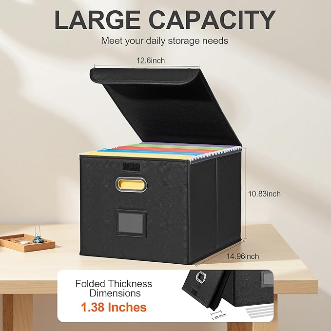 Hleelomi Collapsible File Box with Lid & Plastic Slide - Hanging Document Organizer for Office/Home, 14.96x12.6x10.83 Inch,De