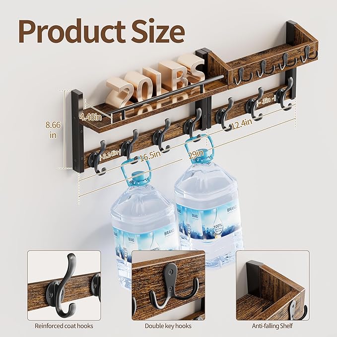 29 inch Coat Rack Wall Mount with Shelf, Set of 2 Entryway Wall Shelf with Hooks, Heavy Duty Coat Hanger Wall Mount with Key 