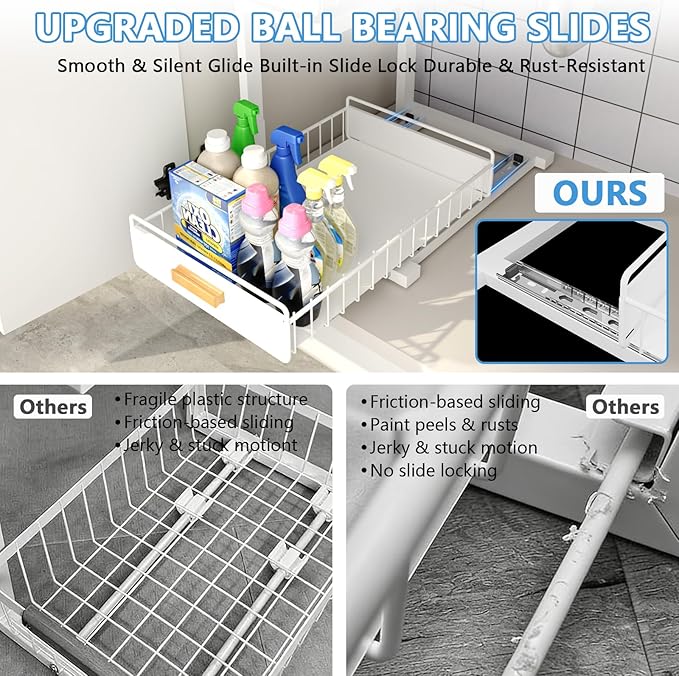 Under Sink Organizer Kitchen - Upgraded Professional Rails, 2 Tier Dual Pull Out Cabinet Storage, Height Adjustable Under Sin
